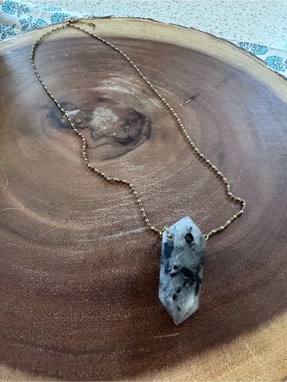 Luna Norte- Large Gold Beaded Necklace with Black Tourmalinated Quartz Pendant